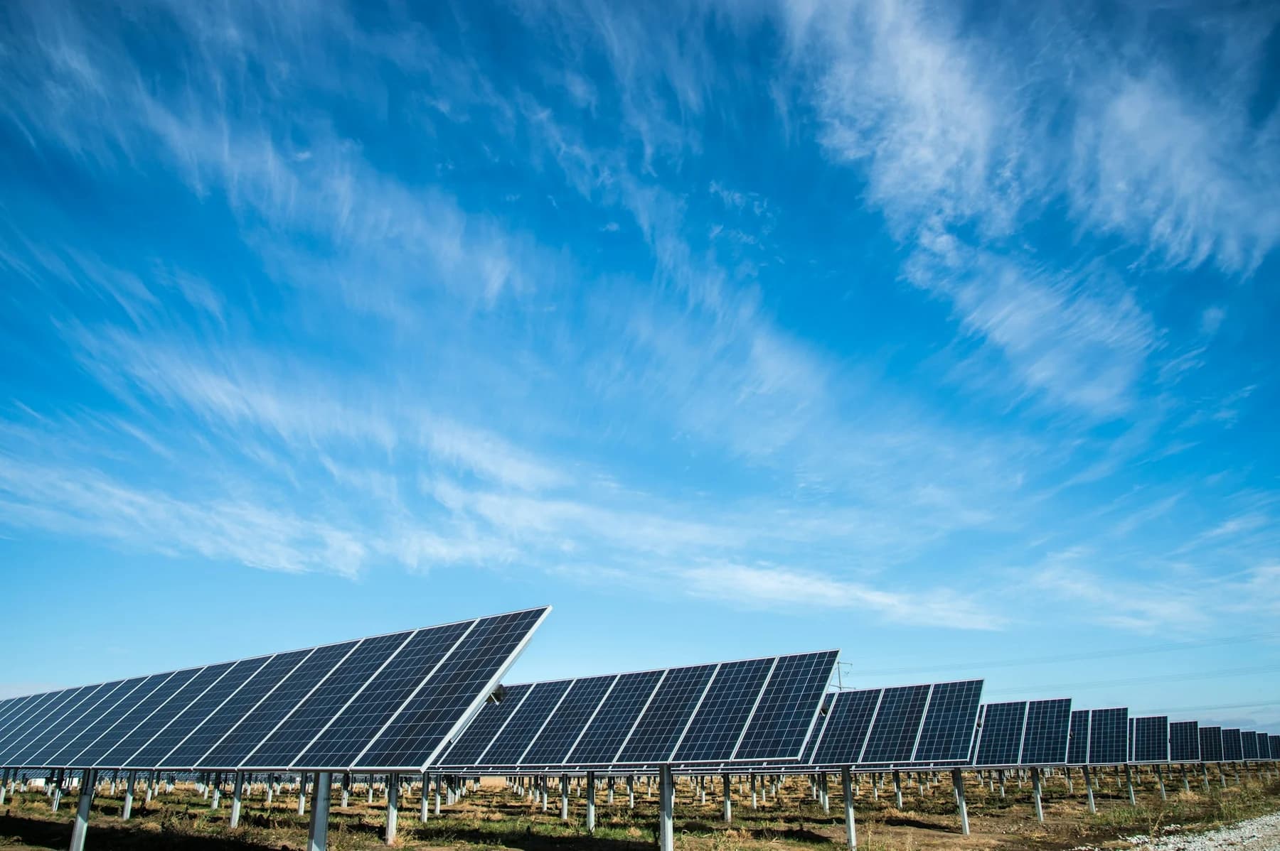 Rows of solar panels beneath a bright sky